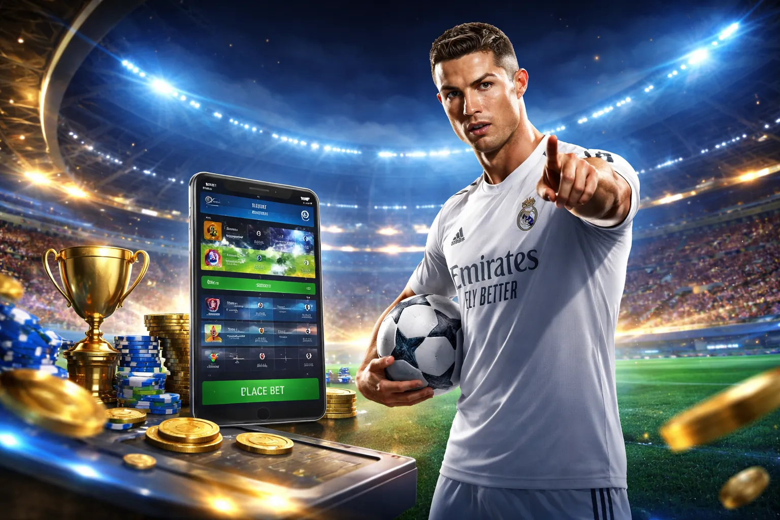 Sân vận động với ánh đèn rực rỡ và biểu tượng cá cược thể thao macao99 club