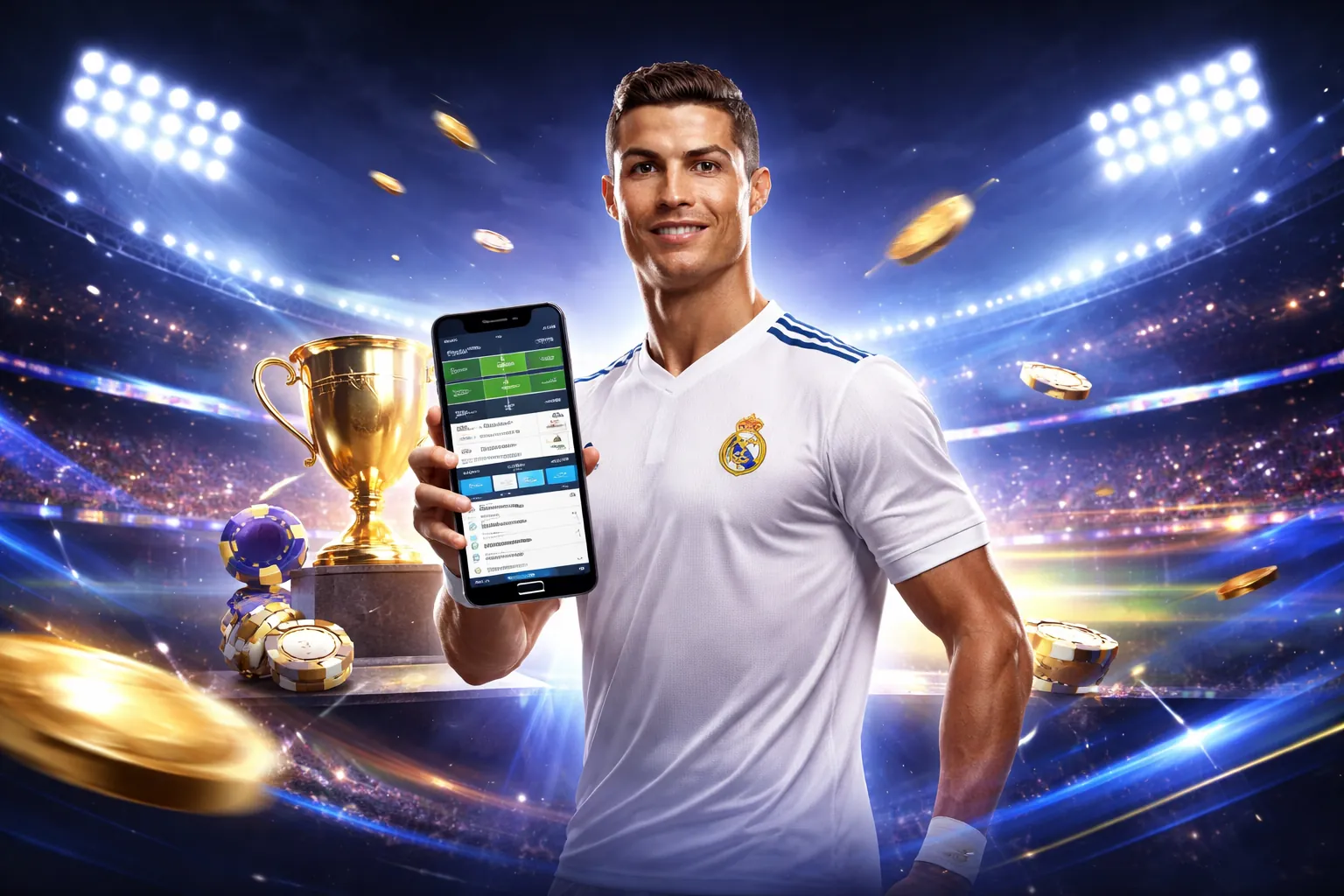 Sân vận động với ánh đèn rực rỡ và biểu tượng macao99 club, tượng trưng cho cá cược thể thao đỉnh cao